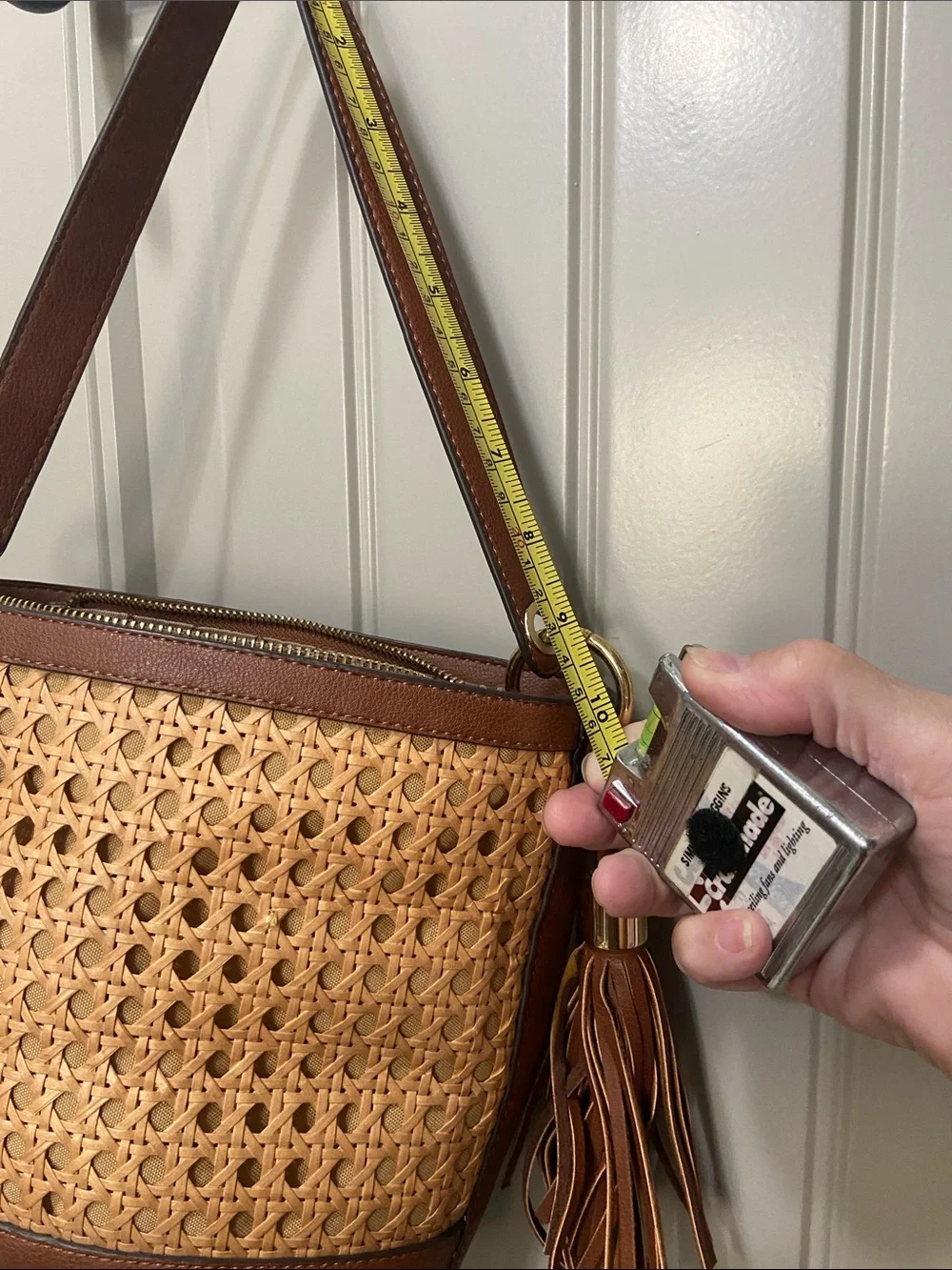 Woven Rattan & Brown Leather Bucket Bag with Tassel